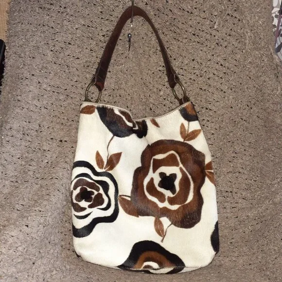 Maurizio Taiuti Bags Maurizio Taiuti Leather Floral Design Animal Hair Tote Bag Hobo Excellent Color Brown Cream Size Os Cathysshoes s